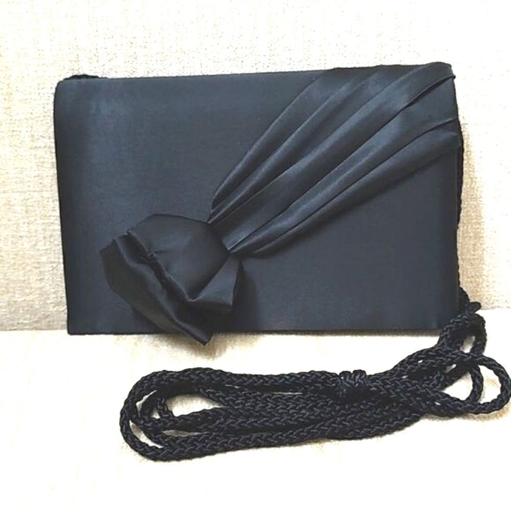 Black Satin Evening Shoulder Bag With Rhinestone Center Bow